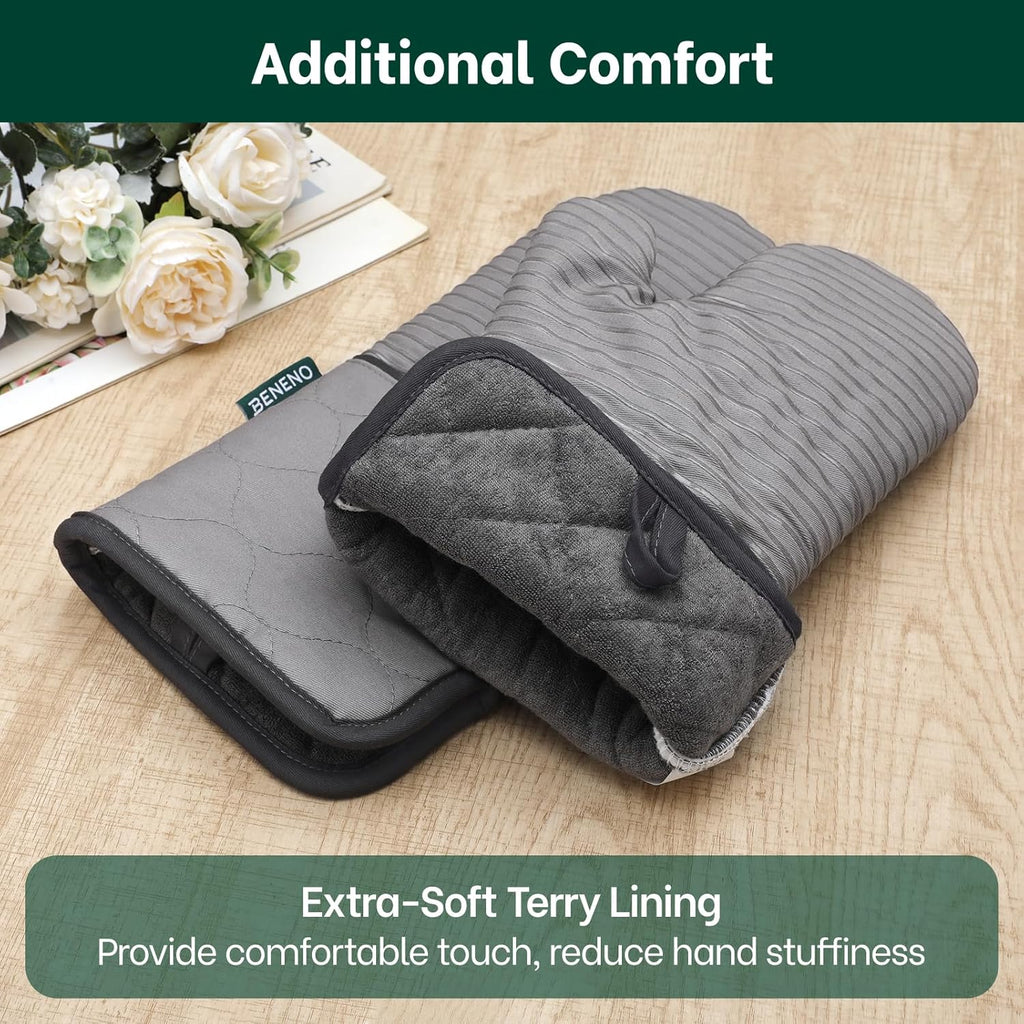 Beneno Kitchen Oven Mitts 2-Pack Heat Resistant to 500°F with Non-Slip Silicone Grip, Extra Long 14.3" Forearm Protection, Soft Quilted Cotton Terry Lining, Ideal for Cooking, Baking, Grilling, Gray