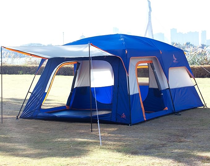 KTT Extra Large Tent 10-12-14 Person(B),Family Cabin Tents,2 Rooms,3 Doors and 3 Windows with Mesh,Straight Wall,Waterproof,Double Layer,Big Tent for Outdoor,Picnic,Camping,Family Gathering