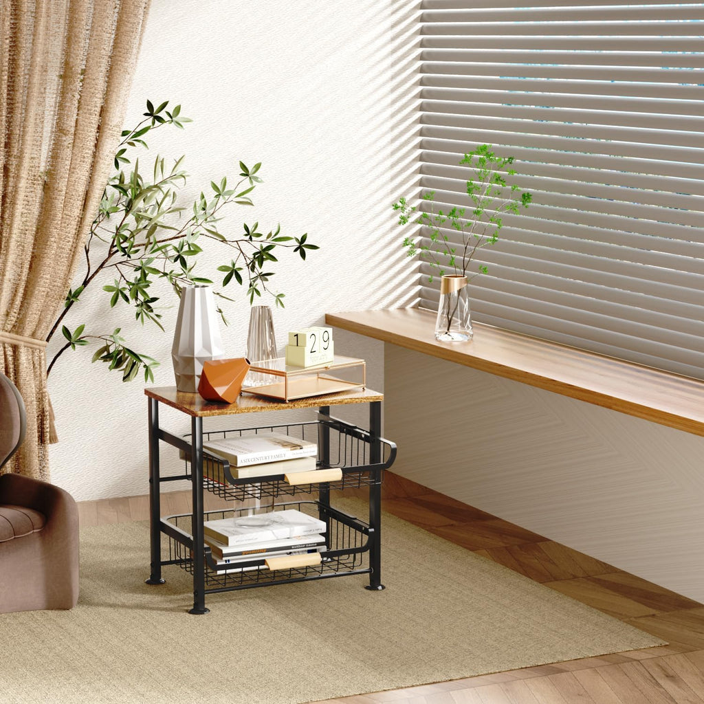 3-Layer Kitchen Fruit Storage Basket Snack Rack, countertop Storage Rack, Stackable Storage Rack with Desktop, Pull-Out Hollow Metal Storage Basket with Handle, Kitchen Organizers & Storage