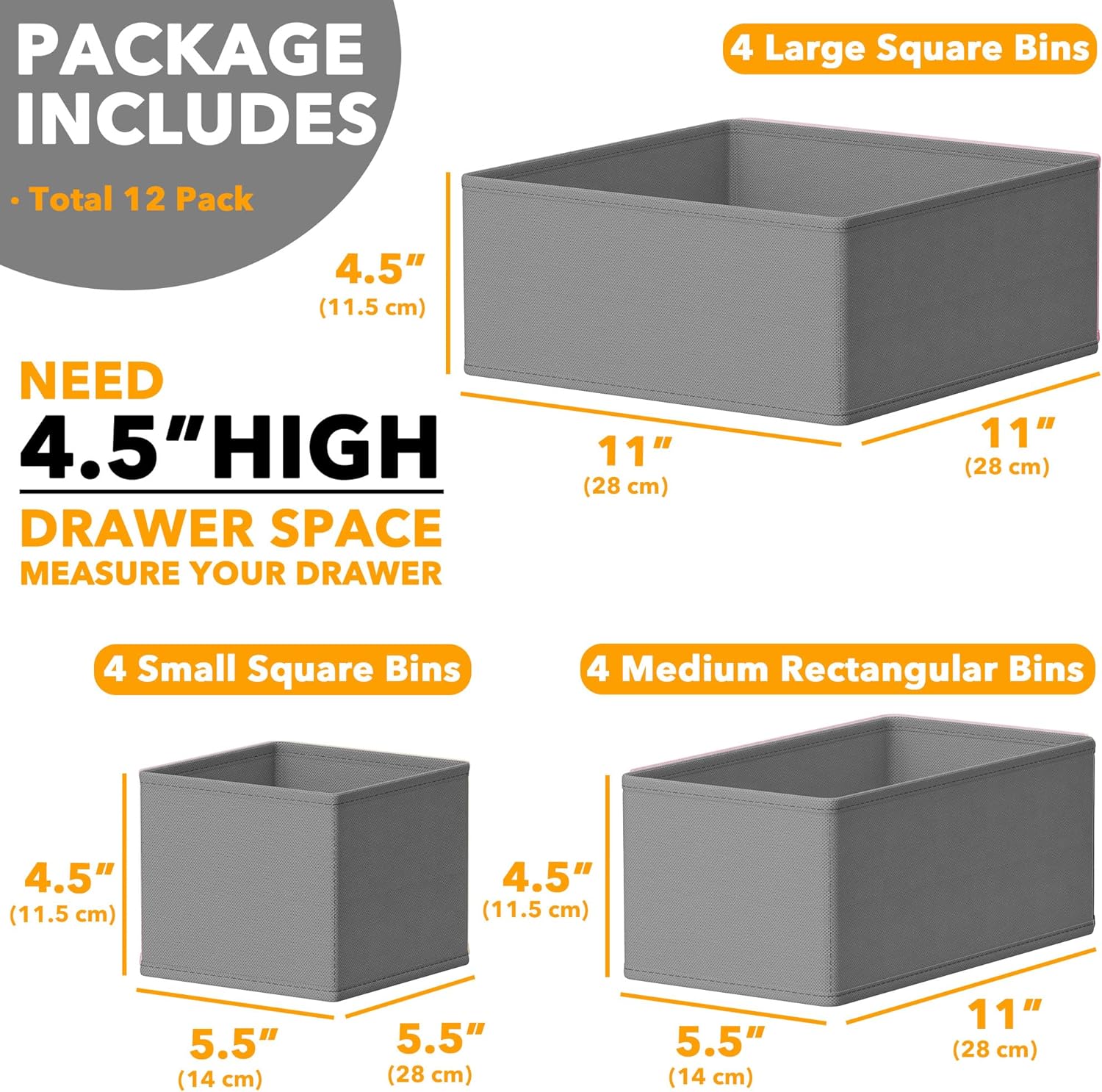 SpaceAid Drawer Organizer Clothes, 12 Pack Dresser Organizer Bins for Nursery, Closet Organization and Storage Dividers for Clothing, Baby Clothes, Underwears, Socks (Grey)