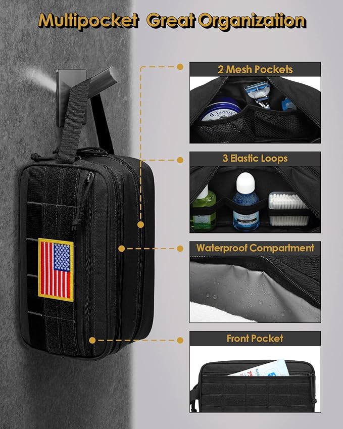 TACTICISM Toiletry Bag for Men - Dry Wet Separate Travel Toiletry Bag, Tactical Molle Dopp Kit for Men with Large Capacity, Water-Resistant Shaving Bag for Adult Women for Travel, Black