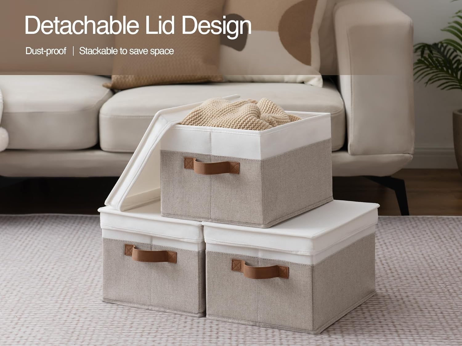 StorageWorks Large Storage Bins with Lids, Decorative Storage Boxes with Lid and PU Handles, Foldable Storage Baskets for Closet, Shelves, Stackable, Brown and White, 3-Pack