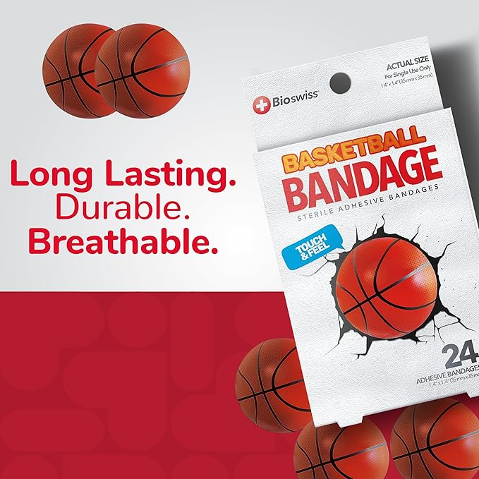 BioSwiss Bandages, Basketball Shaped Self Adhesive Bandage, Latex Free Sterile Wound Care, Fun First Aid Kit Supplies for Kids, 24 Count