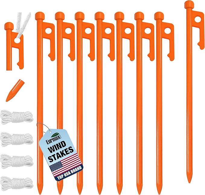 Eurmax USA 10 inch Multiuse Heavy Duty Steel Tent Stakes Tarp Pegs Camping Stakes for Outdoor Camping Canopy and tarp with 4 Ropes 10FT Length