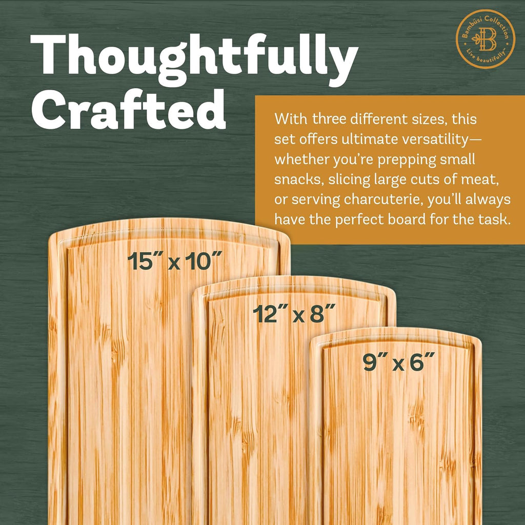 Wood Cutting Board - 3 Piece Bamboo Cutting Board Set, Wooden Cutting Boards for Kitchen with Deep Juice Groove, Side Handles - Chopping Boards for Meat, Vegetables, Charcuterie - Kitchen Gift Set