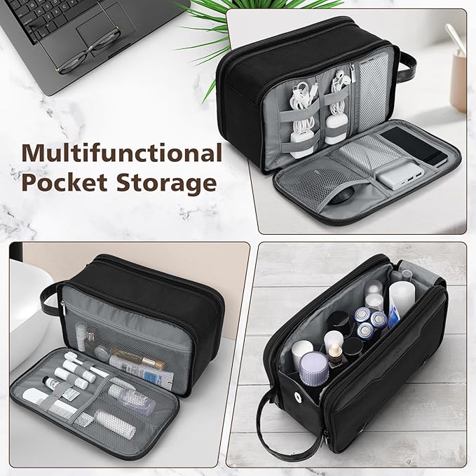 Wedama Toiletry Bag for Men, Large Hanging Travel Toiletry Bag, Extra Electronic Organizer Bag Waterproof Shaving Bag for Toiletries with PU Handle for Travel Business Trips Swim Camping, Black