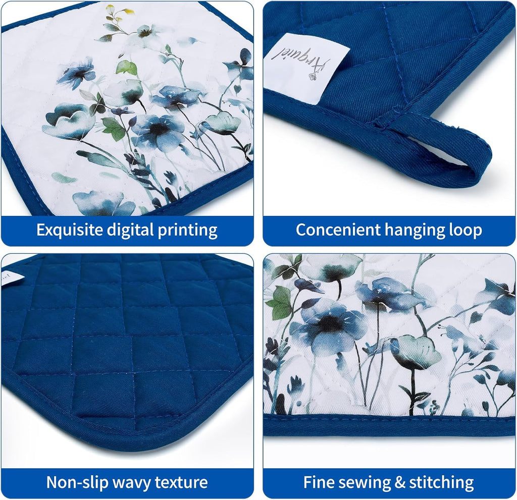 Blue Watercolor Flower Oven Mitts and Pot Holders Sets 4Pcs, 100% Cotton Heat Resistant, Extra Long Oven Gloves Potholder for Kitchen Cooking Baking Housewarming