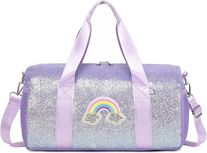 Ballet Dance Bag for Girls Shiny Rainbow Glitter Sports Duffle Bags for Girls Ballerina Duffle with Waterproof Dry Wet Separated Compartment