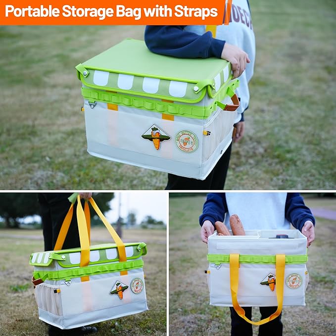 30L Camping Storage Bag with Lid, Carrot Orange Camping Organizer Containers, Picnic Basket Chuck Box Tactical Bag for Hiking Cookware Travel Car