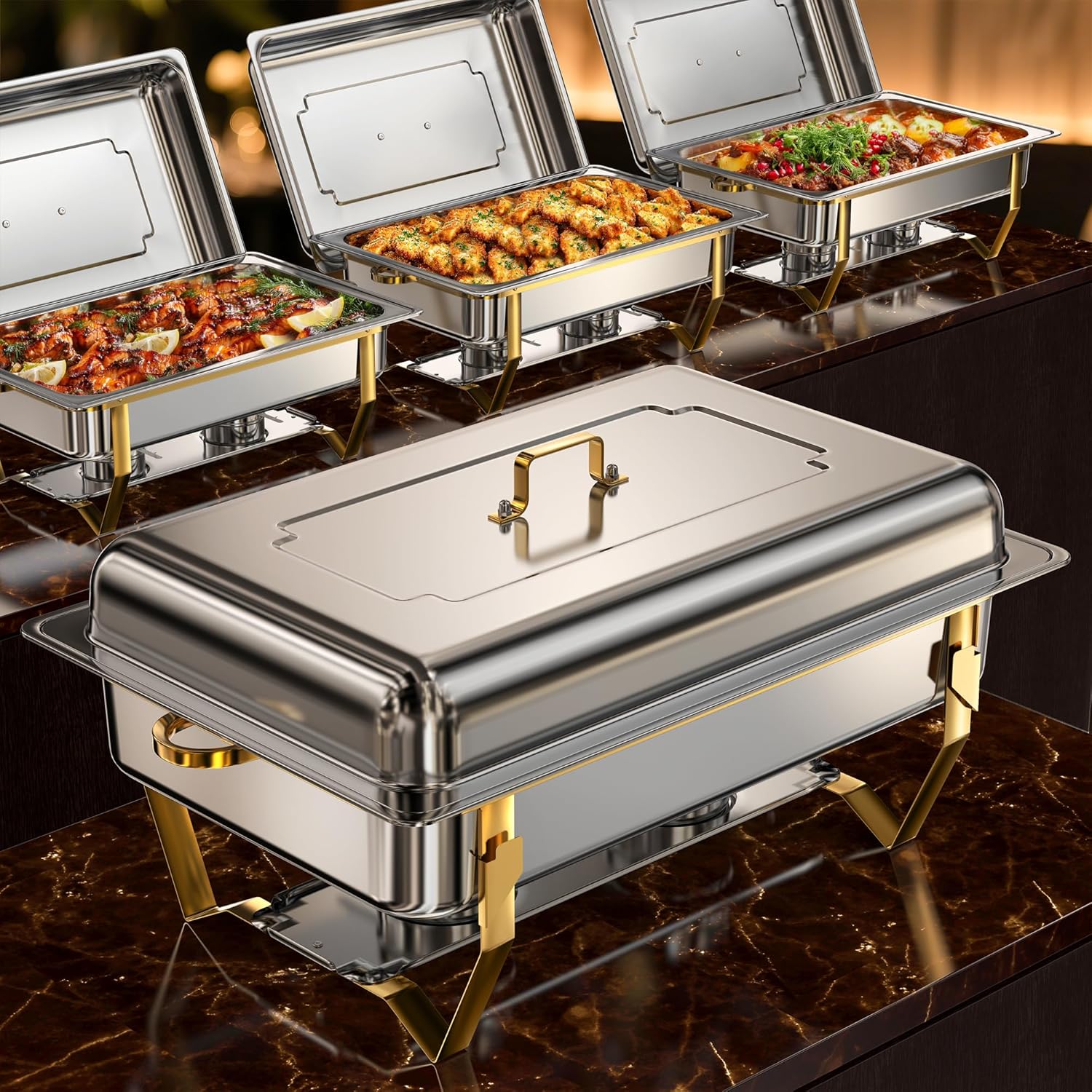 Gold Chafing Dishes for Buffet (9QT, 4 Pack) - Easy Assembly, Food-Grade Stainless Steel Chafers for Catering w/Rolled Edge Design, Foldable Frame, for Party, Banquet (Full Size Food Pan)