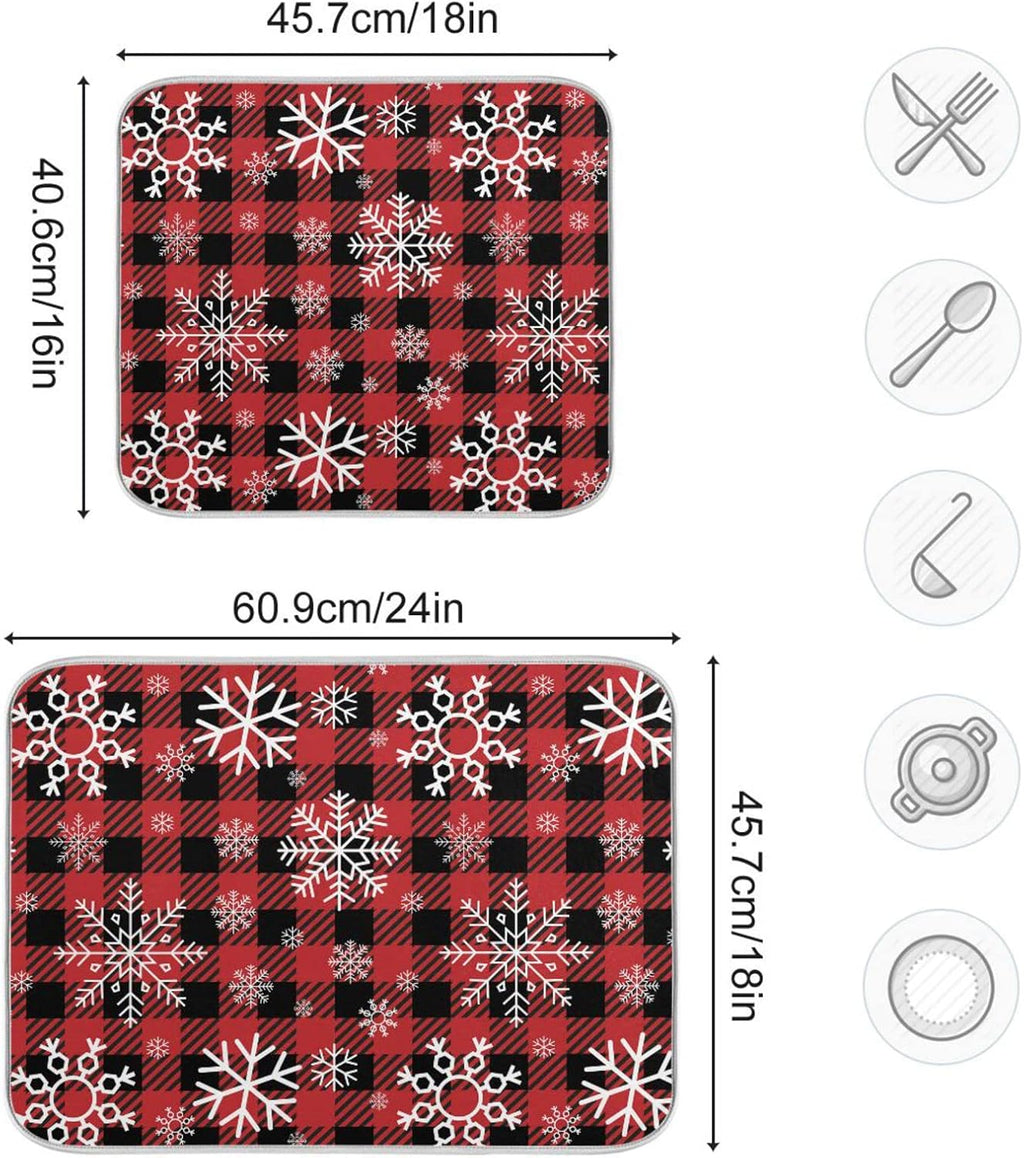 Snowflake Buffalo Plaid Dish Drying Mat for Kitchen Counter Christmas Absorbent Microfiber Drying Pad, Medium 16x18 in, Reversible Drainer Mats