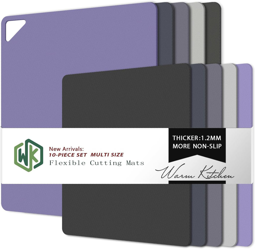 WK Plastic Flexible Cutting Boards for Kitchen, Flexible Cutting Board Mat Set of 10, Non Slip Cutting Mats with Hole, BPA Free, Dishwasher Safe, Multi Size