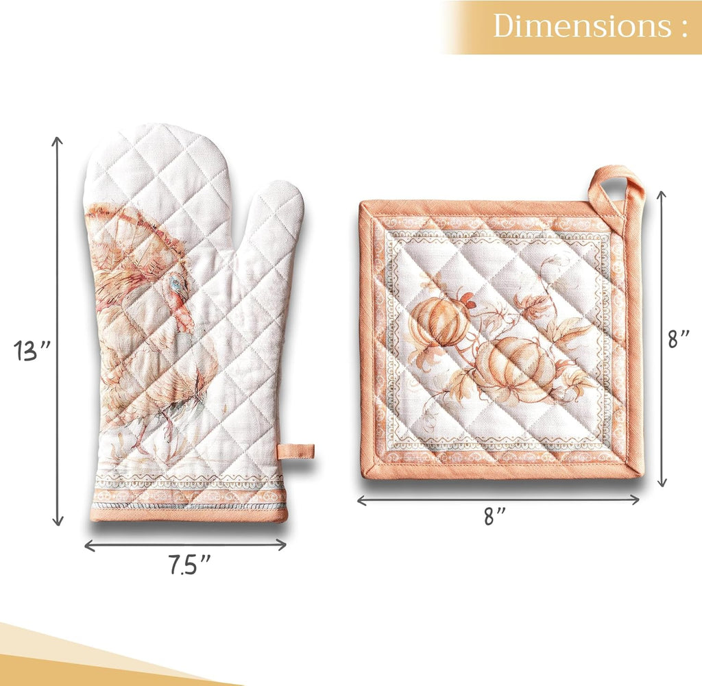 Maison d' Hermine 100% Cotton Oven Mitt & Pot Holder Set (7.5"x13" & 8"x8") Heat Resistant BBQ Cooking Gloves with Loop, Baking, Grilling, Kitchen, Handling Hot Pans (Giving Thanks)