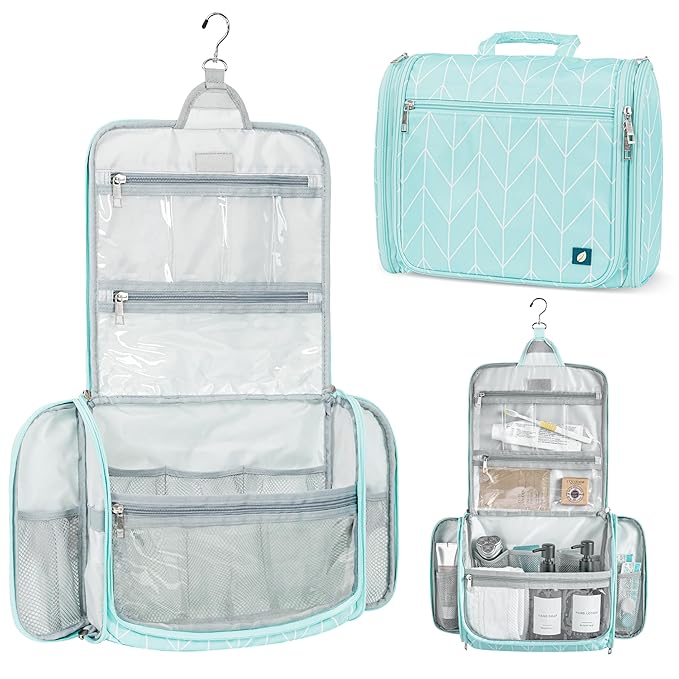 PAVILIA Large Hanging Toiletry Bag Travel Bag Women Men, Cosmetic Organizer, Water Resistant Makeup Bag Accessories Toiletries, Travel Essentials Kit, Teal Chevron