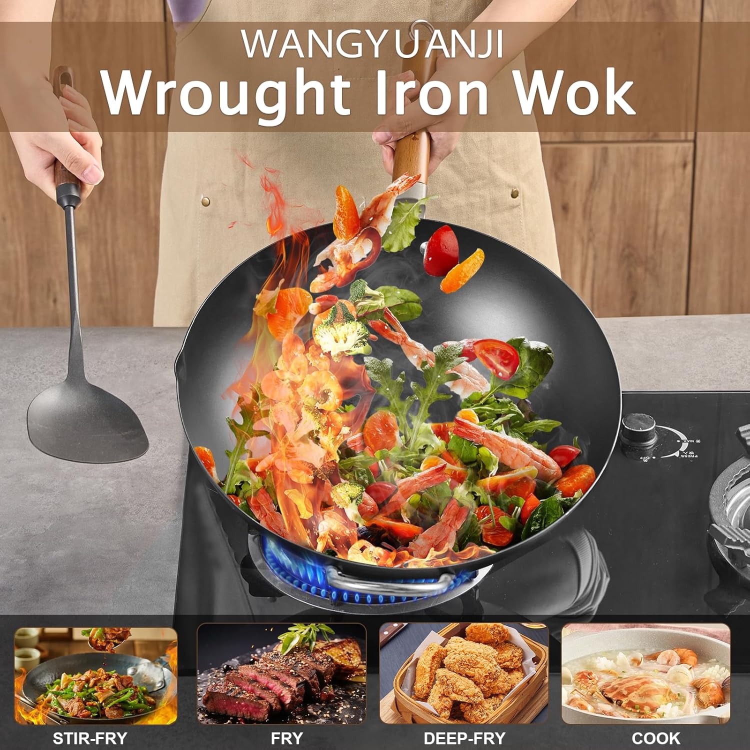 WANGYUANJI Iron Wok,14.2 inch Woks for Stir-fry, Chinese Stir Fry Pan Uncoated, Traditional Flat Bottom Iron Pot for Induction, Electric, Gas, Suitable for All Stoves(Pure Iron Wok)