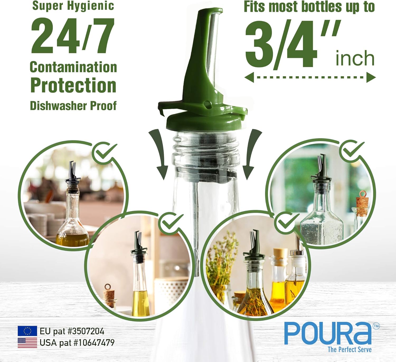 AIRTIGHT Olive Oil Pour Spout for Olive Oil Dispenser - UK Patented Oil Pourer - Hygienic One Handed Open Close Mechanism Keeps Oil Fresh. Dust Caps Cover | Screens Alternative - Green 2 PCs