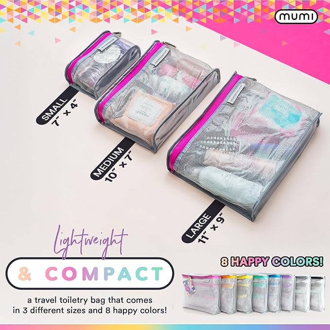 MUMI Travel Toiletry Bag Set of 3 – Clear TSA Approved Toiletry Bags for Women – Reusable Water-Resistant Makeup Organizer Pouches for Skincare, Cosmetics, Travel Accessories, Airport Packing - Black