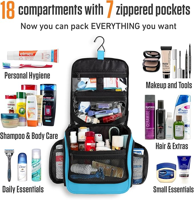 VENTURE 4TH Hanging Travel Toiletry Bag for Women & Men - Travel Organizer with Expandable Compartments & Removable Clear Pouch for Toiletries (Light Blue)