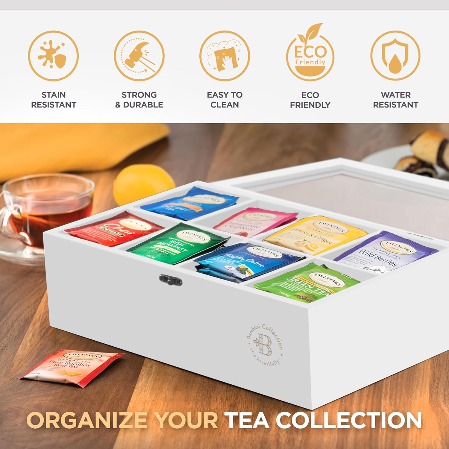 Bambüsi Tea Bag Organizer - Bamboo Tea Box Organizer Storage Box, Tea Bag Holder with Acrylic Window, Magnetic Lid Keeps Tea Bags Fresh - Tea Organizer Caddy (Tea Not Included) Christmas Gift - White