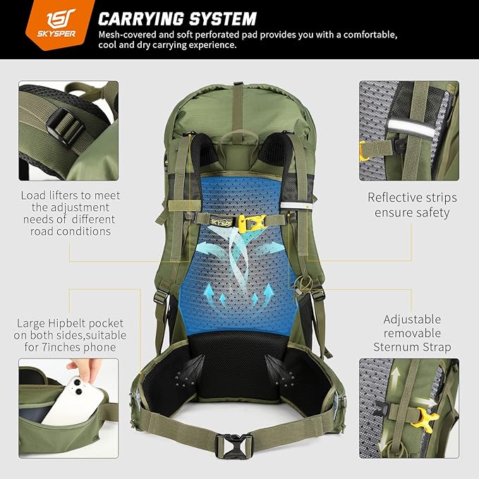 SKYSPER Hiking Backpack, 50L/60L Backpacking Backpack for Camping Travel, Lightweight Waterproof Outdoor Pack for Men Women