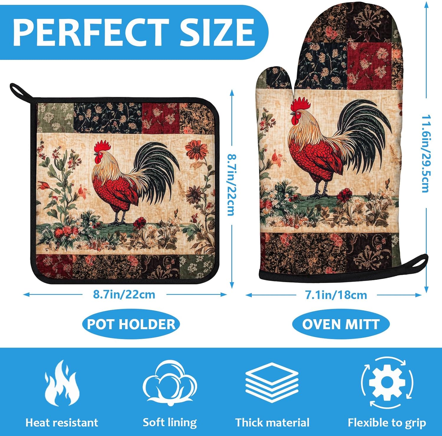 Rustic Rooster Oven Mitts and Pot Holders Sets Heat Resistant 4Pcs Potholders Oven Gloves Hot Pads for Kitchen Baking Cooking Grilling BBQ