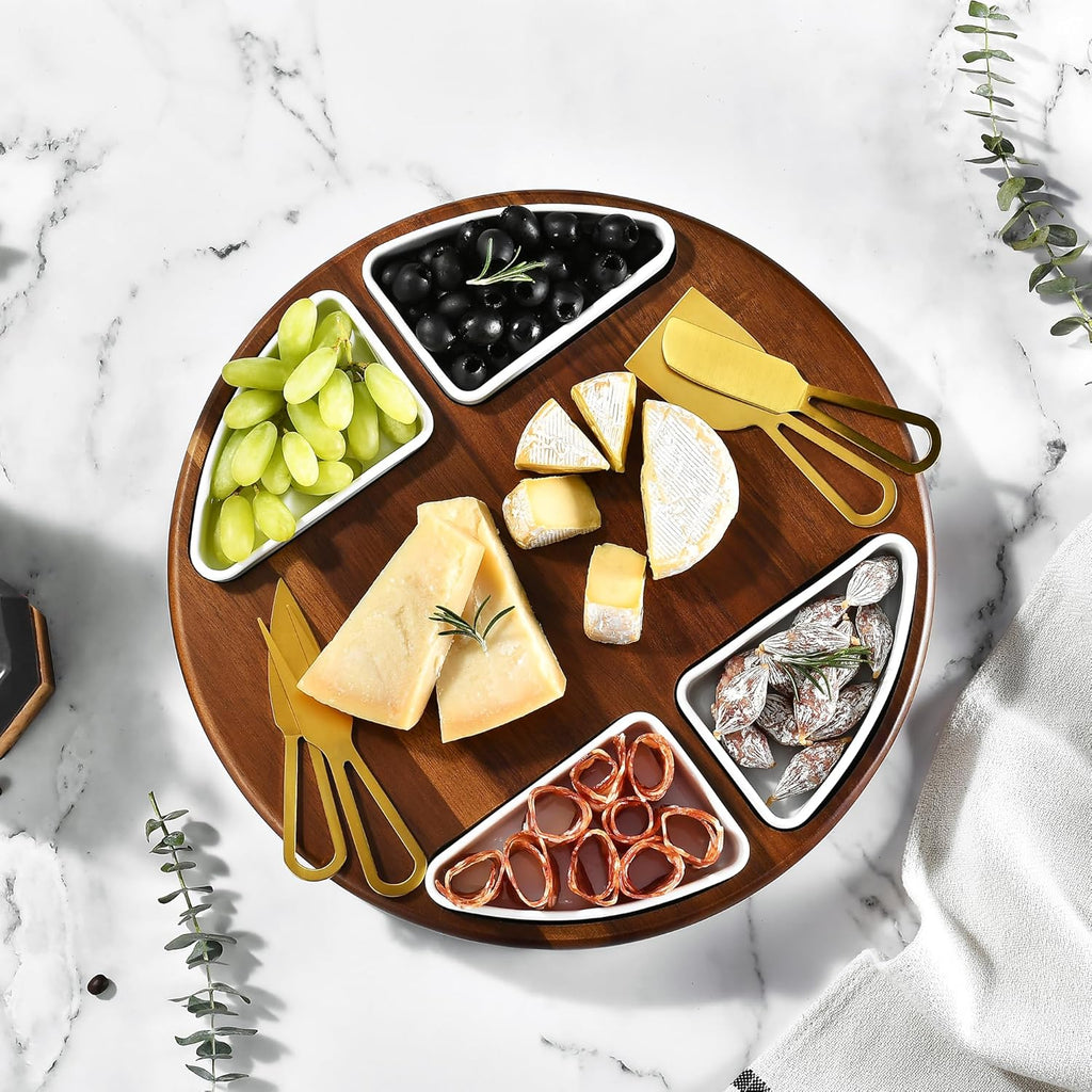 Shanik Upgraded Lazy Susan Cheese Cutting Board Set - Round Acacia Charcuterie Board With 4 Ceramic Bowls - Wedding Gifts - Cheese Serving Platter - Bridal Shower