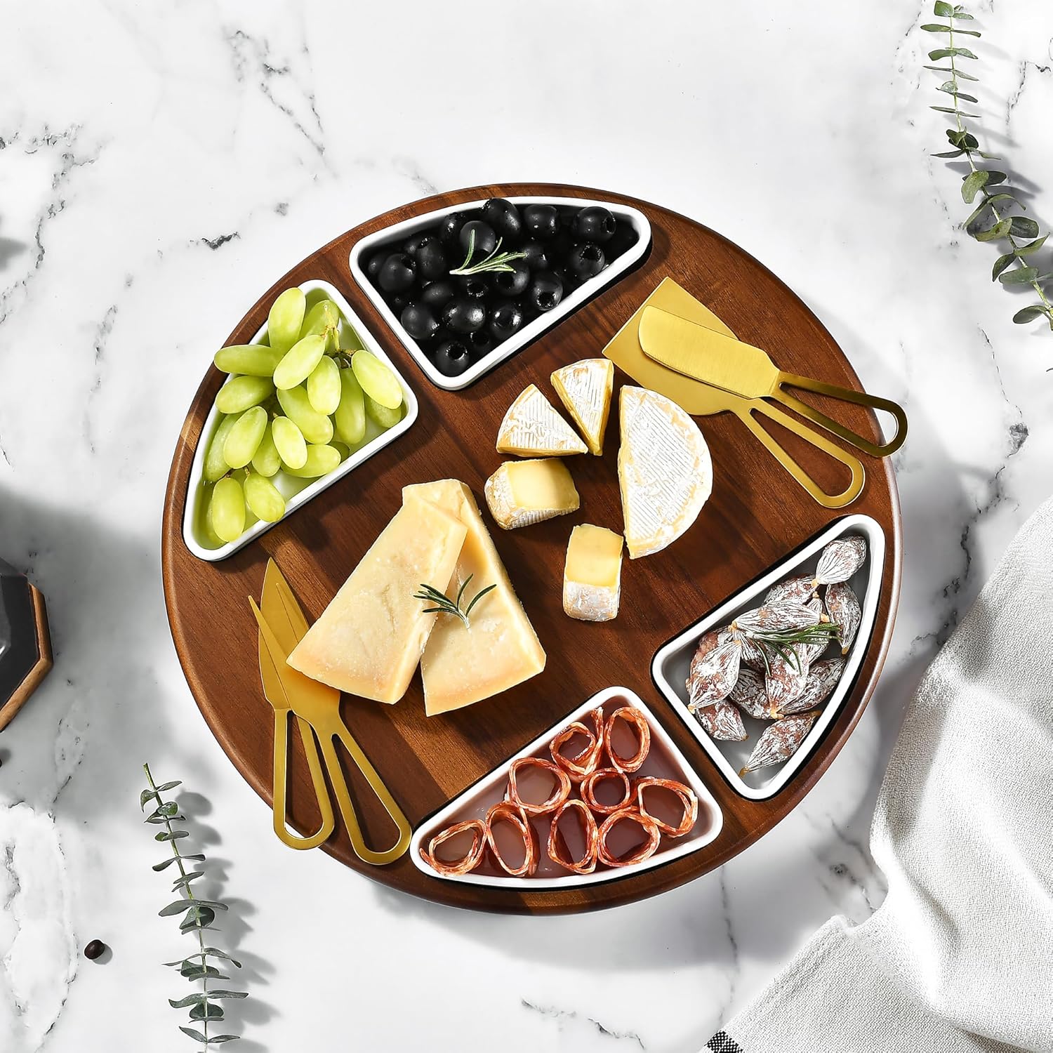 Shanik Upgraded Lazy Susan Cheese Cutting Board Set - Round Acacia Charcuterie Board With 4 Ceramic Bowls - Wedding Gifts - Cheese Serving Platter - Bridal Shower