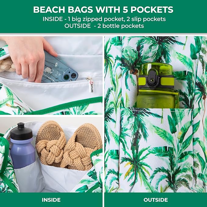 SHYLERO Beach Bag and Pool Bag. Has Airtight Pouch, Ton of Pockets. Beach Tote is Zippered, Water Resistant. Family Size