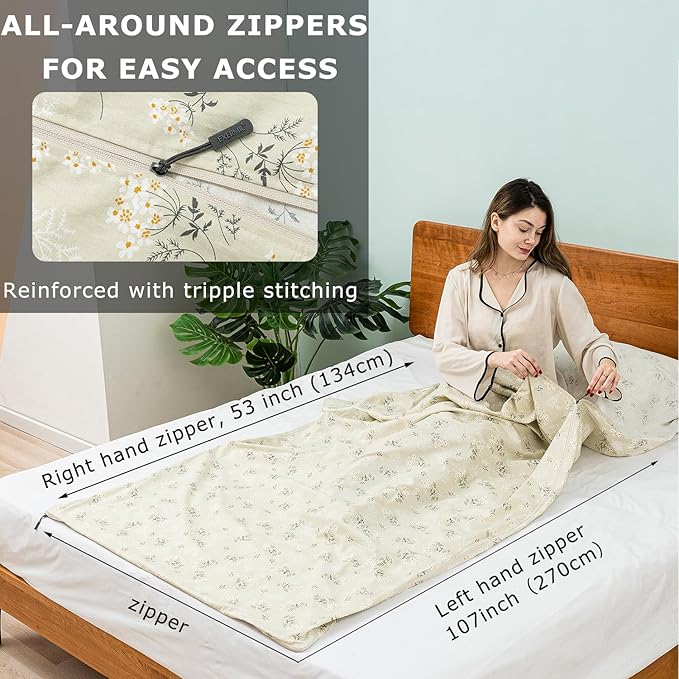 100% Cotton Sleeping Bag Liner with Full Length Zipper on 3 Sides; Single/Double Adult Sleep Sack for Travel & Camping, Multifunctional Travel Sheets (Unzipped 87”x87”) for Hotel, Lightweight