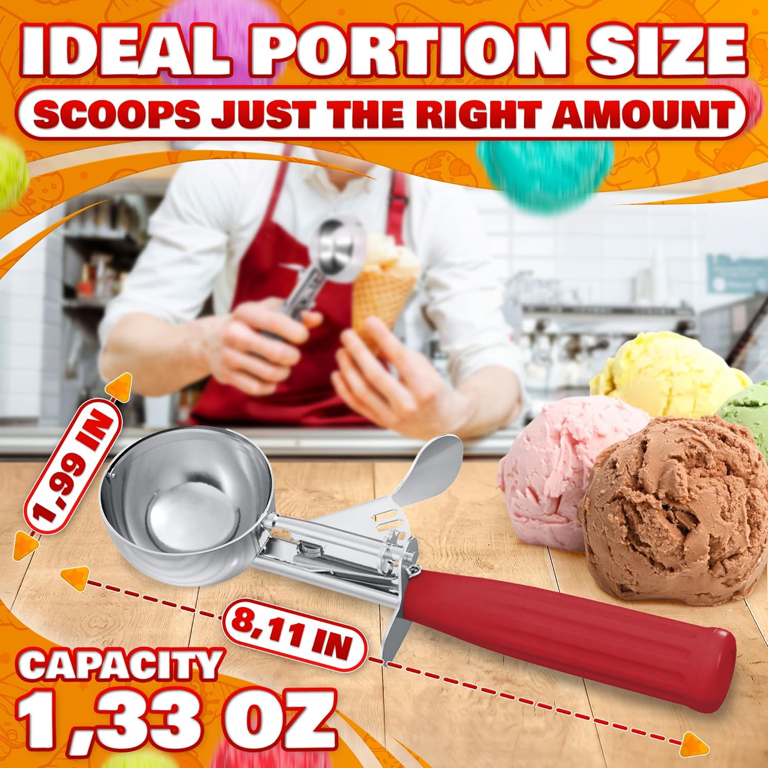 1.33oz Ice Cream Scoop with Trigger #24 - Stainless Steel Ice Cream Scooper for Gelato, Cookie Dough, Meatballs - Easy Portion Control, Comfortable Non-Slip Handle, Dishwasher Safe, Rust Resistant