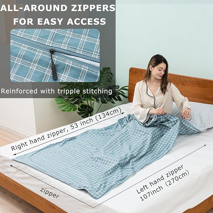 100% Cotton Sleeping Bag Liner with Full Length Zipper on 3 Sides; Single/Double Adult Sleep Sack for Travel & Camping, Multifunctional Travel Sheets (Unzipped 87”x87”) for Hotel, Lightweight