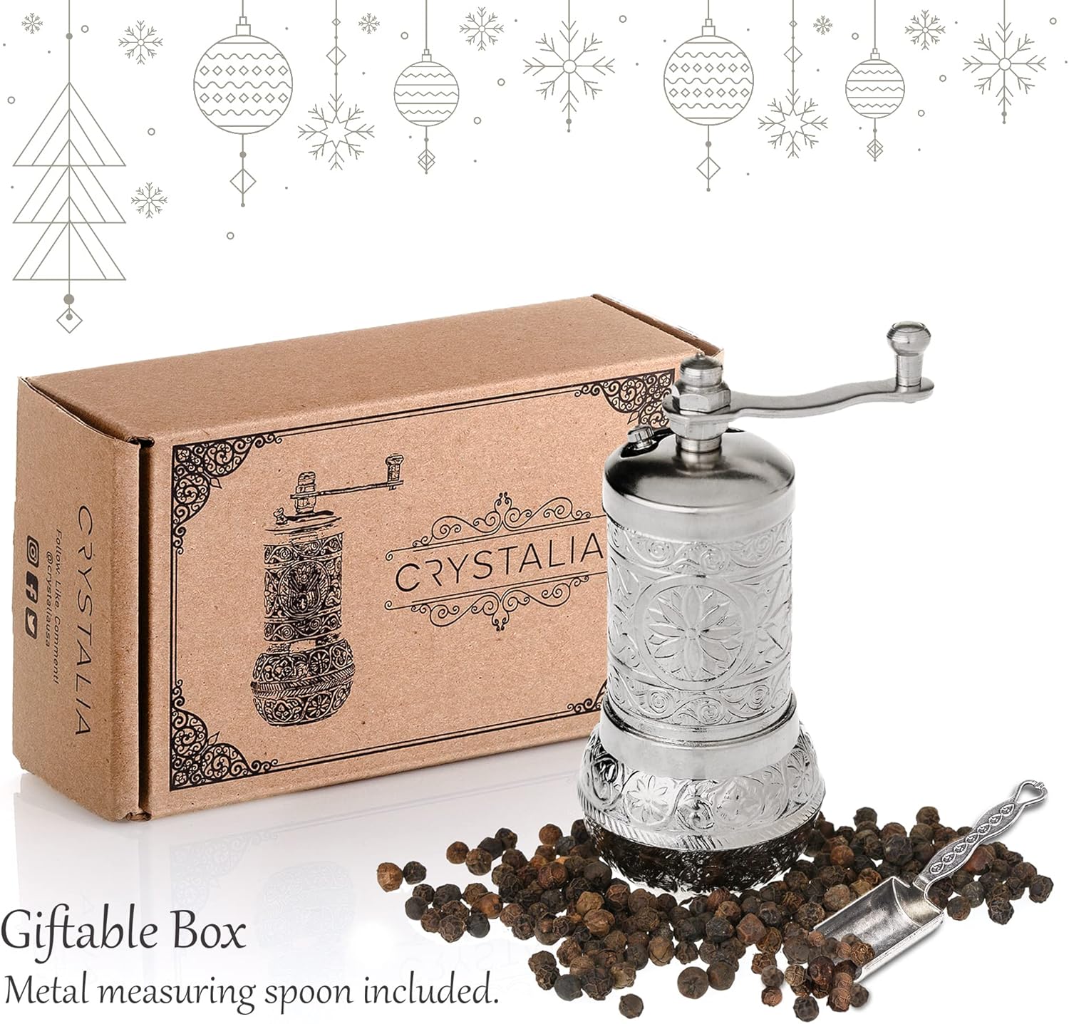 Decorative Black Pepper Grinder, Refillable Turkish Spice Mill with Adjustable Coarseness, Manual Pepper Mill with Handle, Spice Grinder Metal with Hand Crank, Bright Silver