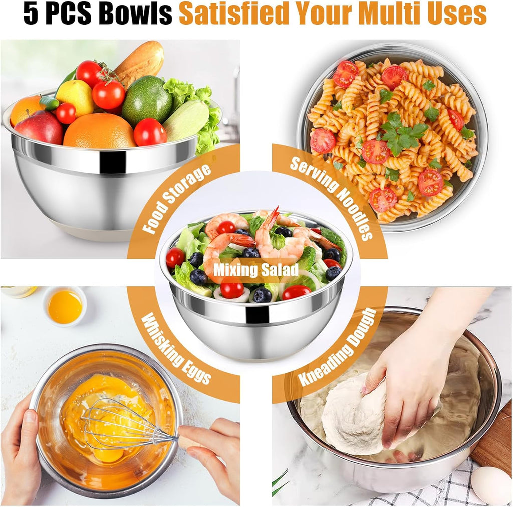 P&P CHEF Mixing Bowl with Lid Set, 5 Piece Stainless Steel Mixing Nesting Bowls for Salad Storage, 3 Grater Attachments & Non-Slip Bottoms, Size 1/1.5/2 / 2.6/4.6 QT, Khaki