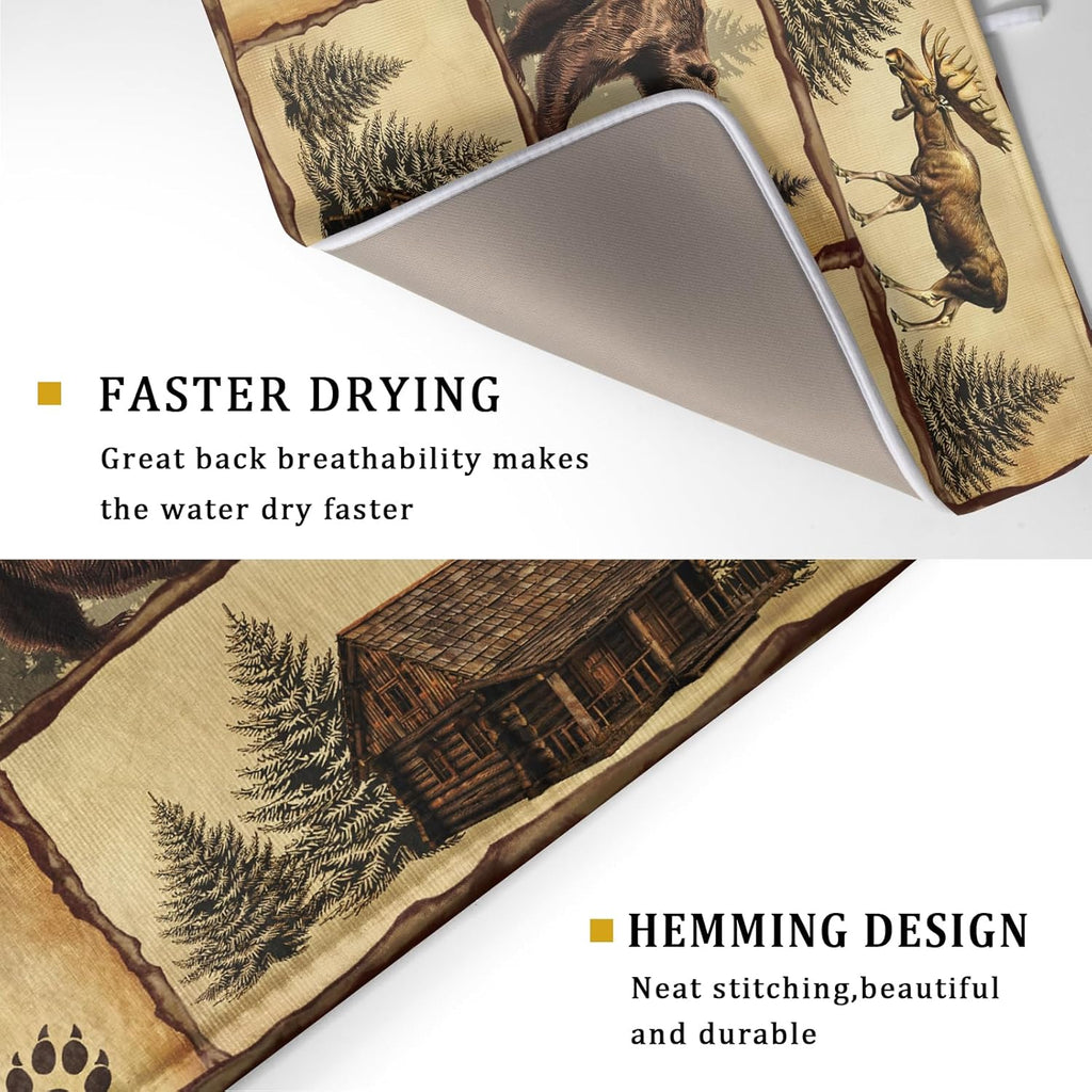 Vintage Bear Moose Dish Drying Mat 18x24 Inch Country Cabin Absorbent Dish Draining Mat Heat Resistant Drying Pad for Counter Sink Home