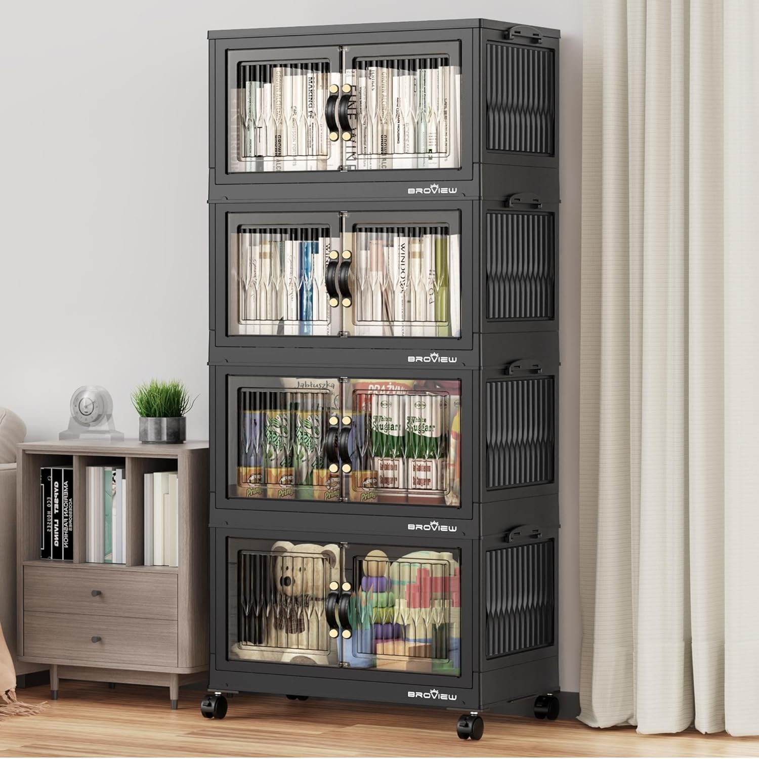 240Qt Stackable Storage Bins with Lid, Extra Large Closet Organizer Collapsible Drawer Boxes with Wheels, Folding Plastic Cabinet Containers for Home Kitchen Room Organization, 4Pack Black