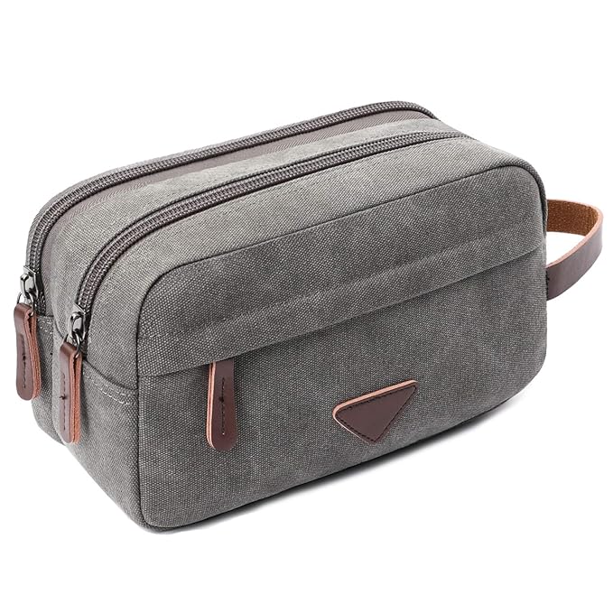 Mactso Mens Travel Toiletry Bag Canvas Leather Cosmetic Makeup Organizer Shaving Dopp Kits with Double Compartments (Gray)