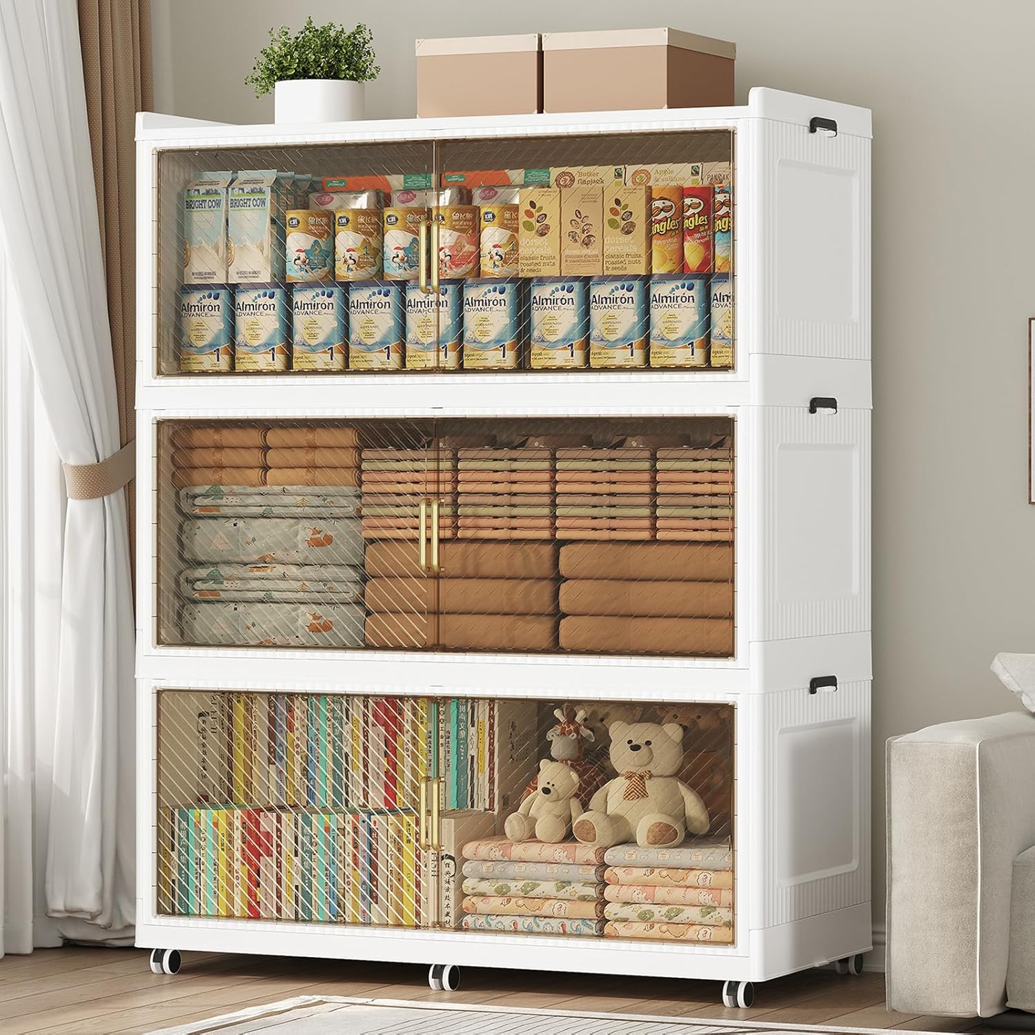 150 Gallon Extra Large Collapsible Storage Bin with Lid, 600QT Stackable Plastic Organizer with 6x Wheels, Foldable Drawer Cabinet for Closet, Living Room Office Dorm 3Pack, White