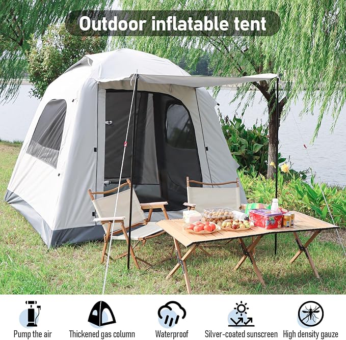 Easy Set up Inflatable Camping Tent 3-4 Person Glamping Outdoor Air Blow Up Tents, Waterproof Inflatable House Tent for Adults