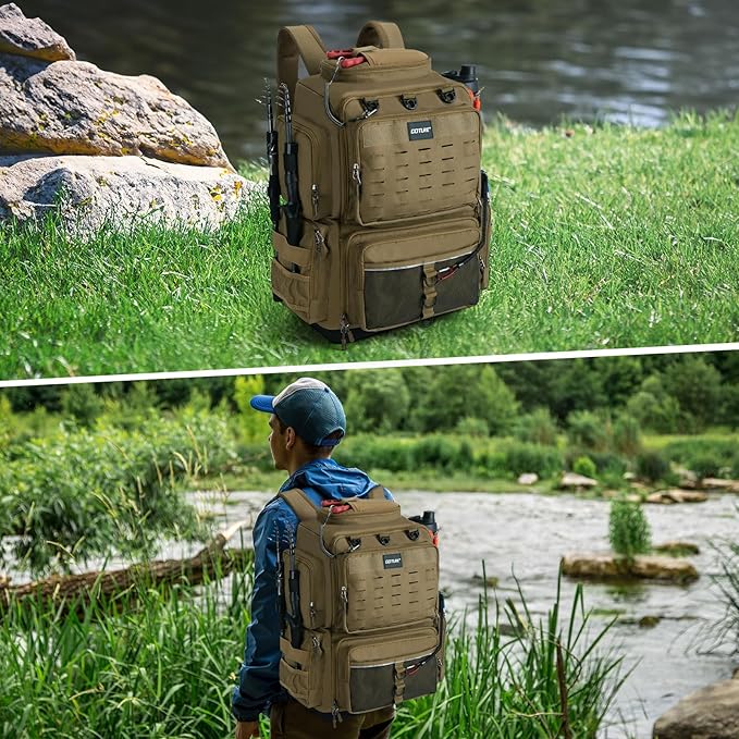 Goture IPX EVA Bottom Fishing Tackle Bag with Rod Holder, Waterproof 600D Fishing Backpack with 8 Lure Pockets & Rain Cover