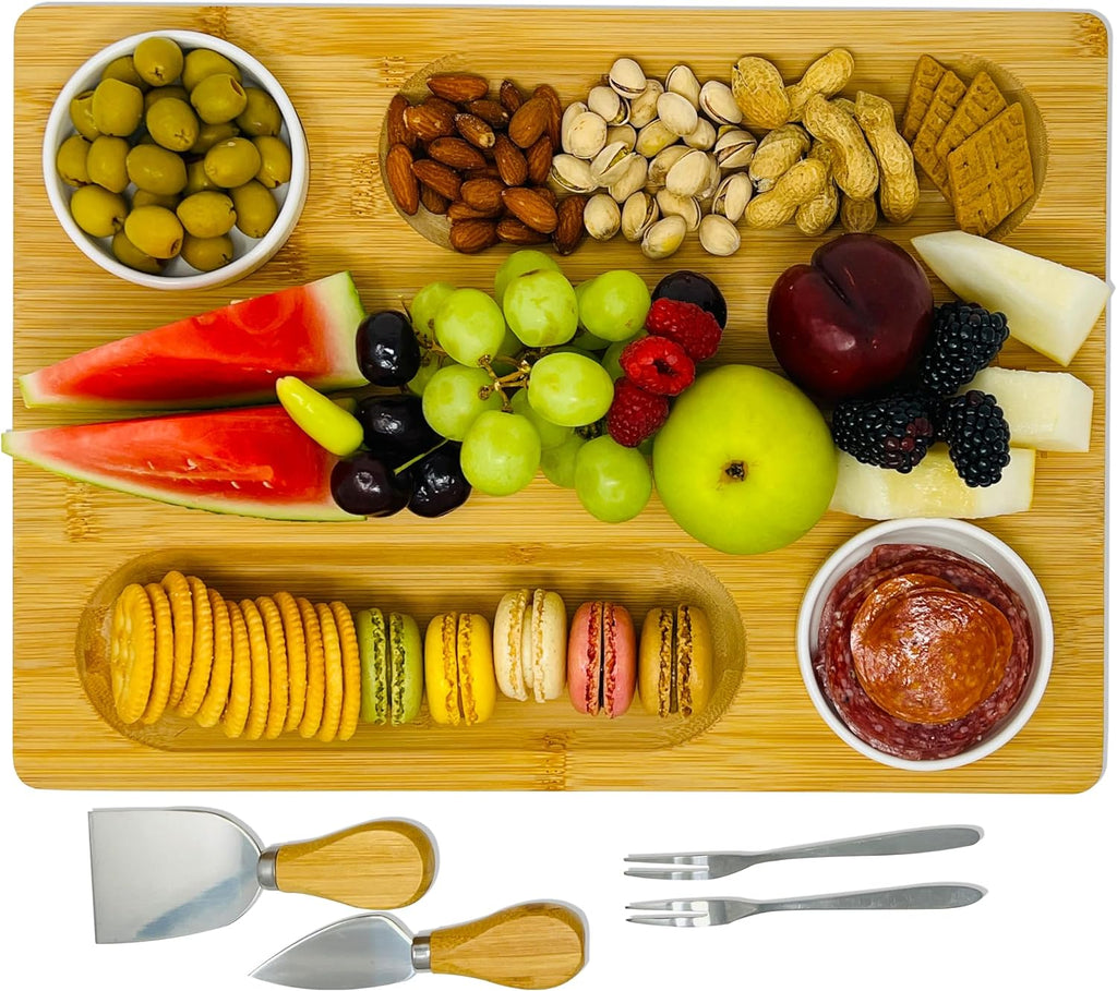 Bamboo Cheese Board with Knife, Bowl, Fork Set, Wood Charcuterie Platter & Food Serving Tray for Wine Glasses, Misoph Collection