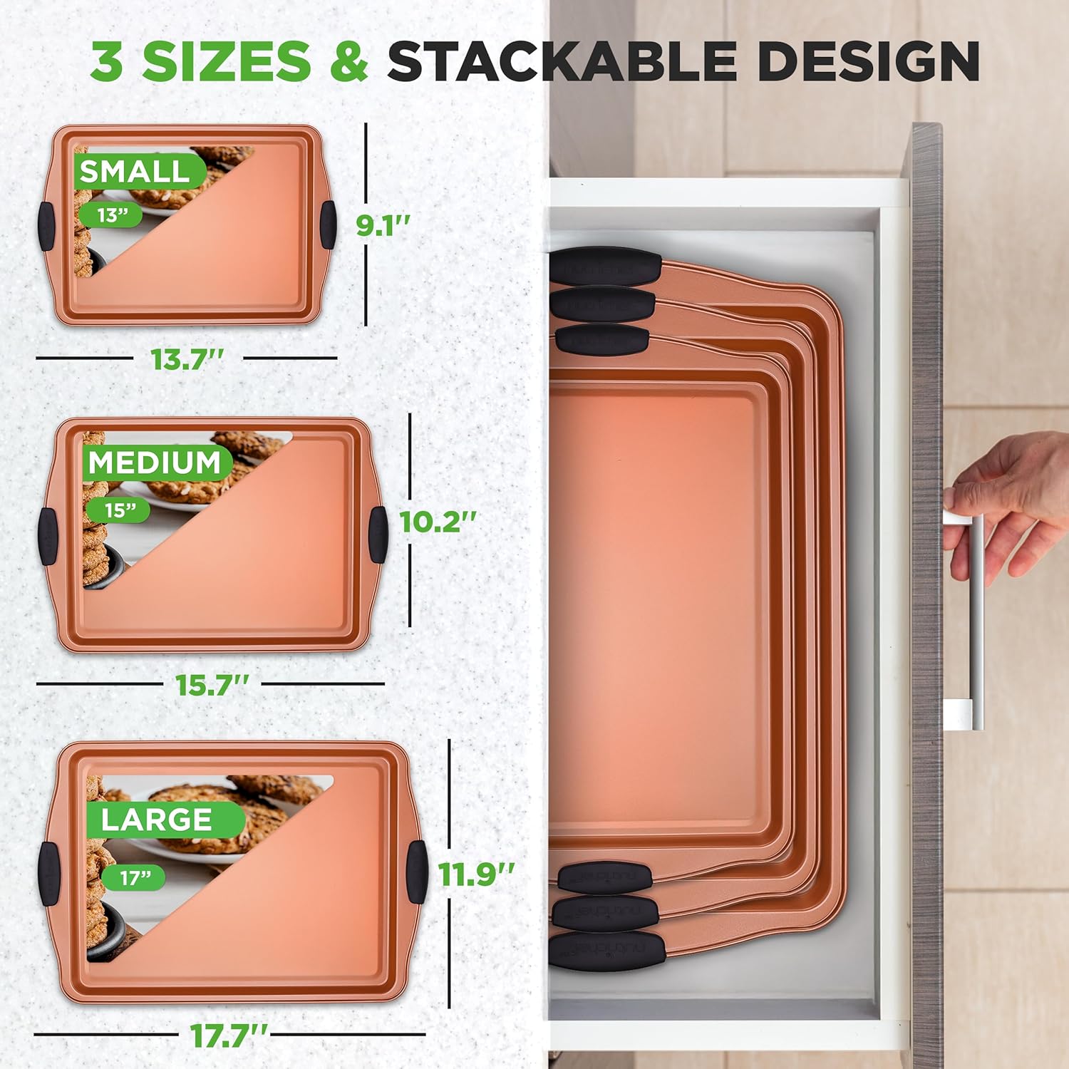 NutriChef 3 Piece Baking Pan Set - PFOA, PFOS, PTFE Free Flexible Nonstick Carbon Steel Bakeware Set - Home Kitchen Bake Pan Cookie Sheet Stackable Baking Tray Set w/Black Silicone Handles NCSBS3S45