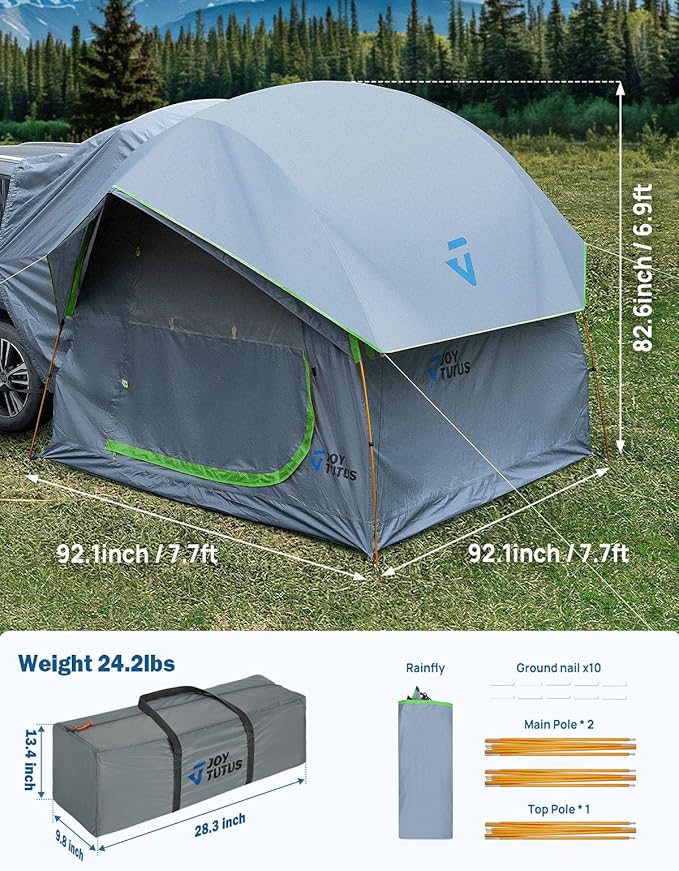 JOYTUTUS SUV Tent for Camping with Rainfly, Double Door Design Car Tent with Aluminum Poles, SUV Tailgate Tent with Waterproof PU2000mm Double Layer for 6-8 Person, Green