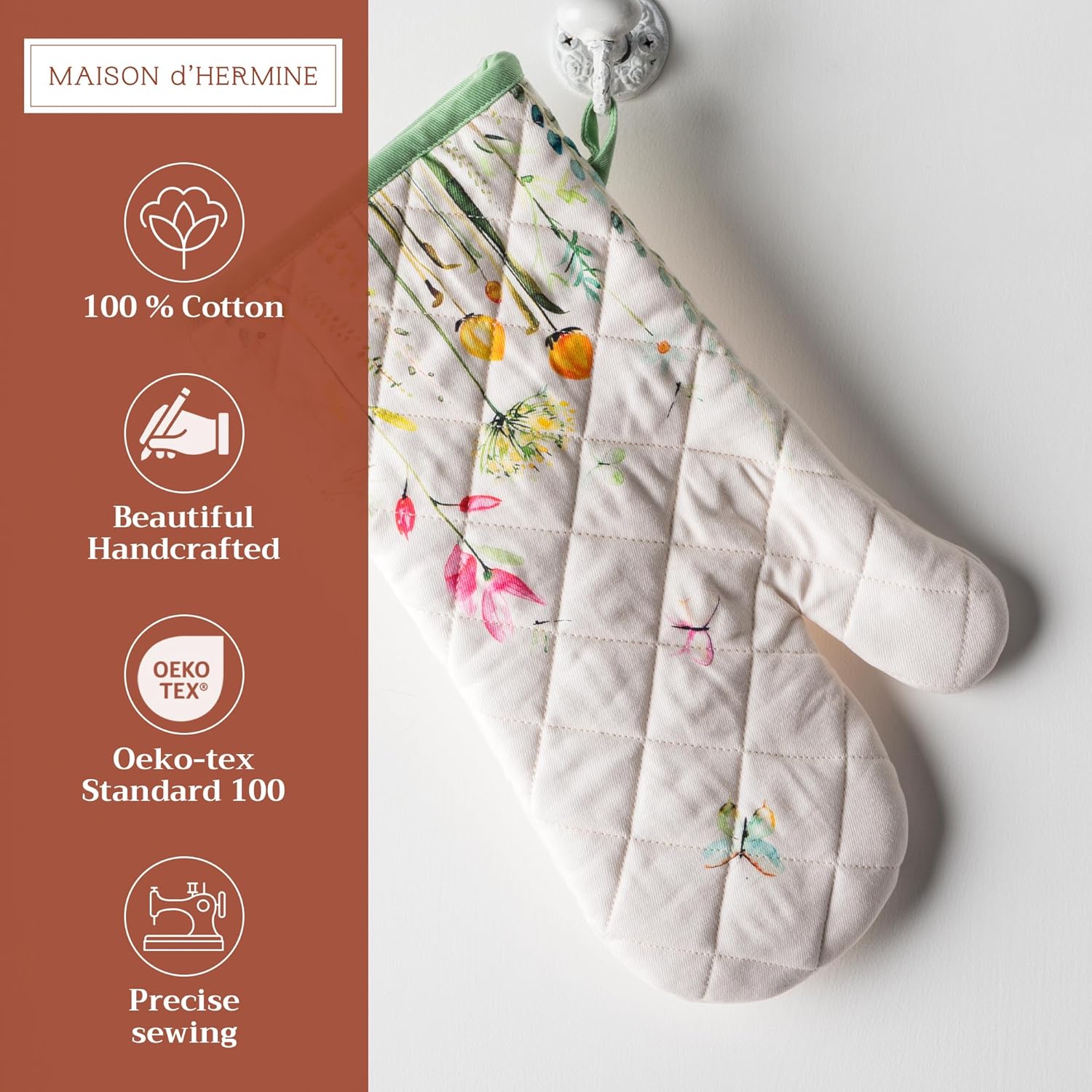 Maison d' Hermine Oven Gloves 100% Cotton Oven Mitt 7" x 13" with Loop Heat Resistant, BBQ, Cooking Gloves, Baking, Grilling, Kitchen, Handling Hot Pans Spring/Summer (Pack of 1, Botanical Fresh)