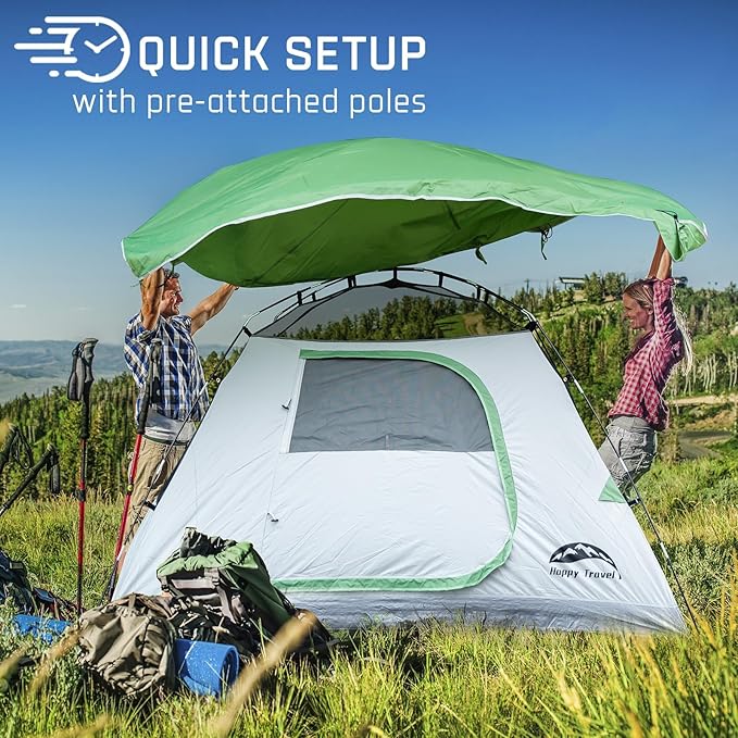 Happy Travel Camping Tent, 4 Person Dome Tents for Camping with Rainfly, Waterproof Clip Easy Setup Portable Family Tent with Mesh Windows, 20% More Headroom Backpacking Tents for Camping & Hiking