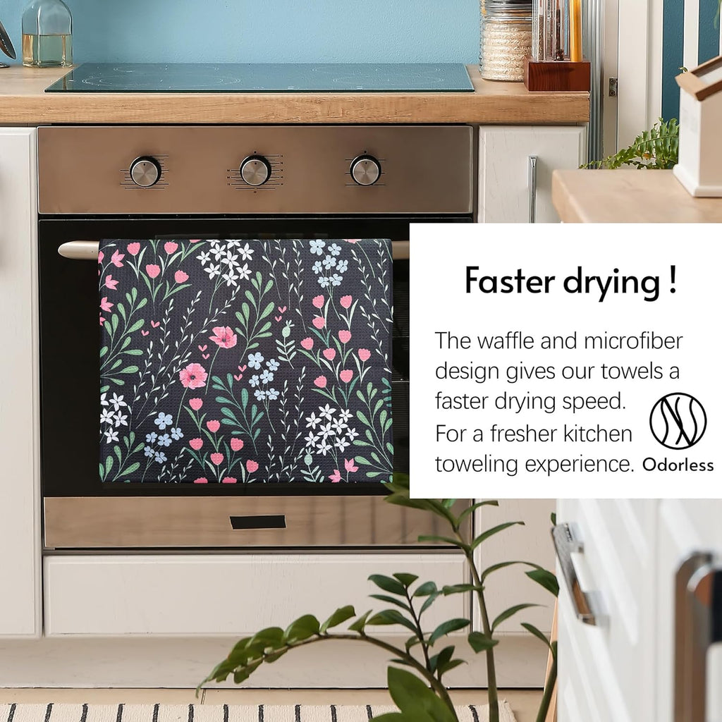 Kitchen Towels, 18" x 30" Dish Towels for Kitchen Drying, Quick Dry Tea Towels, Premium Microfiber Dish Cloths, Midnight Bloom Series, 2-Pack