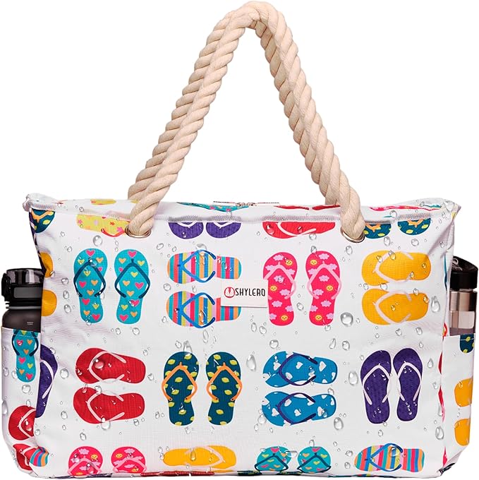 SHYLERO Beach Bag and Pool Bag. Has Airtight Pouch, Ton of Pockets. Beach Tote is Zippered, Water Resistant. Family Size