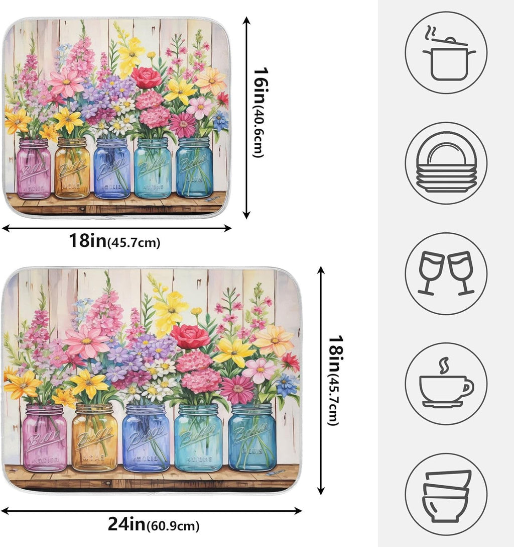 Spring Floral Jars Rustic Dish Drying Mat for Kitchen Counter Absorbent Microfiber Large Drying Pad Flowers Dish Mats for Kitchen Countertops 18 x 24 Inch