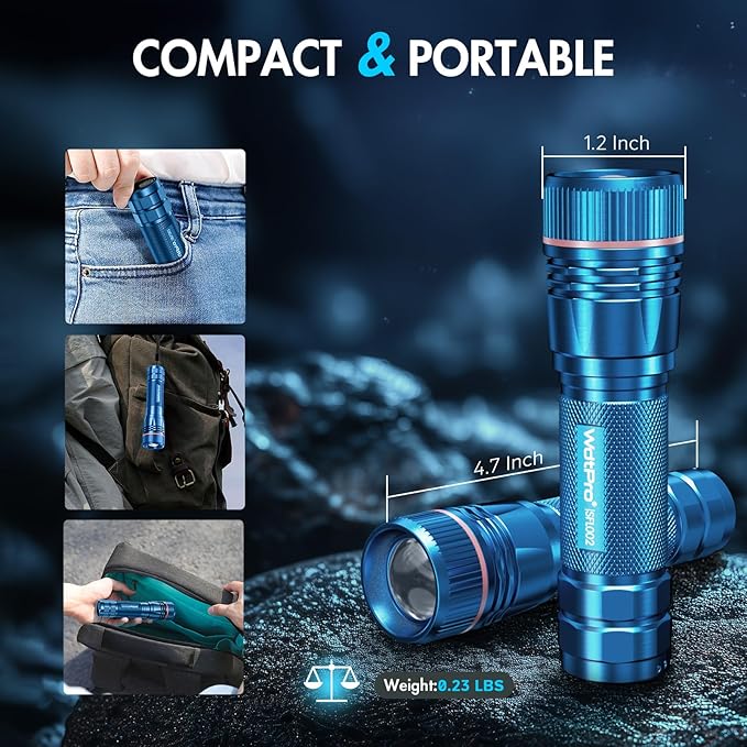 WdtPro Rechargeable Flashlights High Lumens, 1 Pack Super Bright LED Small Tactical EDC Flashlight with 10H Runtime, Portable Flash light for Camping, Home, Emergency Essentials Blue(Battery Included)