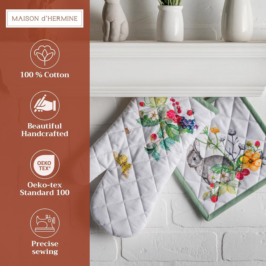 Maison d' Hermine 100% Cotton Oven Mitt & Pot Holder Set (7.5"x13" & 8"x8") Heat Resistant BBQ Cooking Gloves with Loop, Baking, Grilling, Kitchen, Handling Hot Pans Spring/Summer (Printemps)