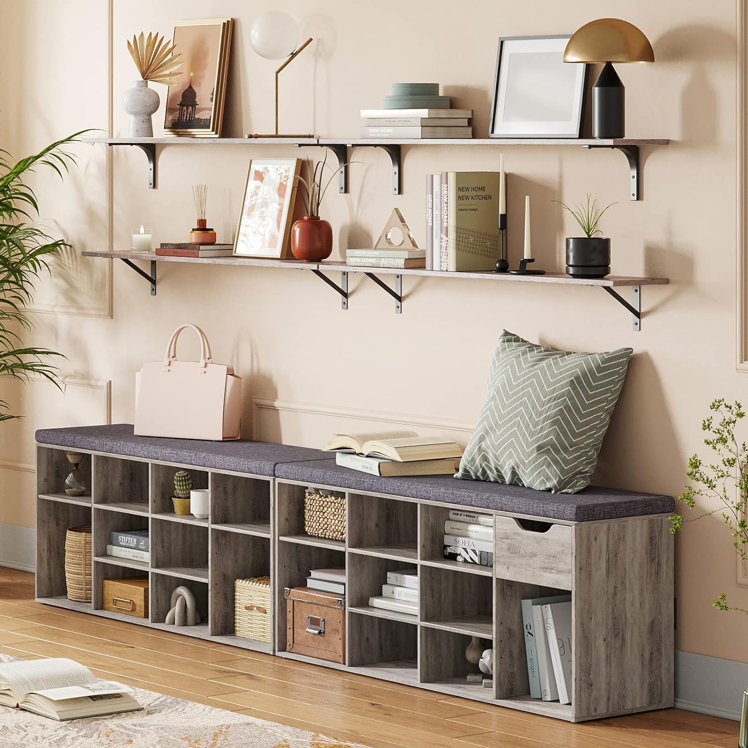 DINZI LVJ Long Wall Shelves, 39.4Inch Wall Mounted Shelves Set of 2, Extra Large Floating Storage Ledges with Sturdy Metal Brackets for Living Room, Bathroom, Bedroom, Kitchen, Greige